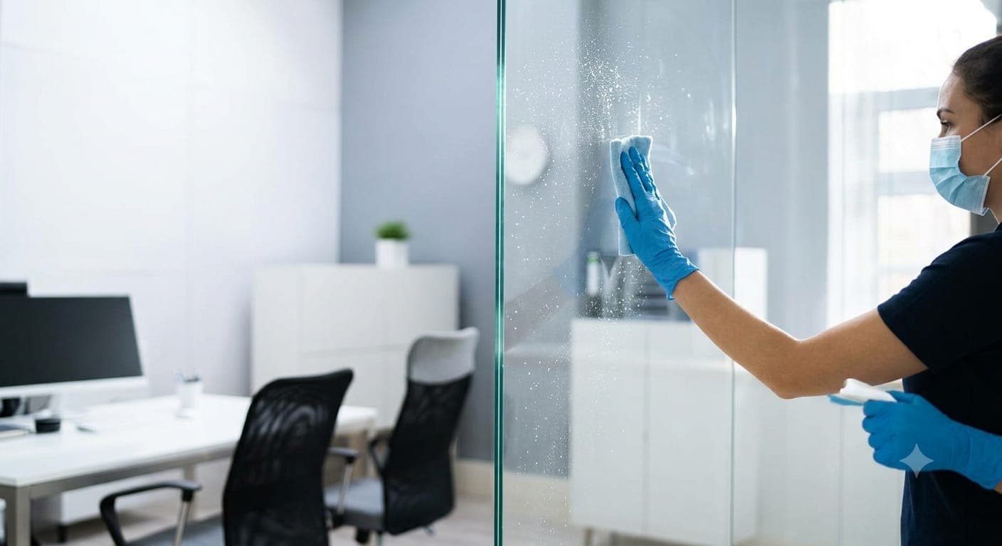 Cleaner wiping down office glass partitions