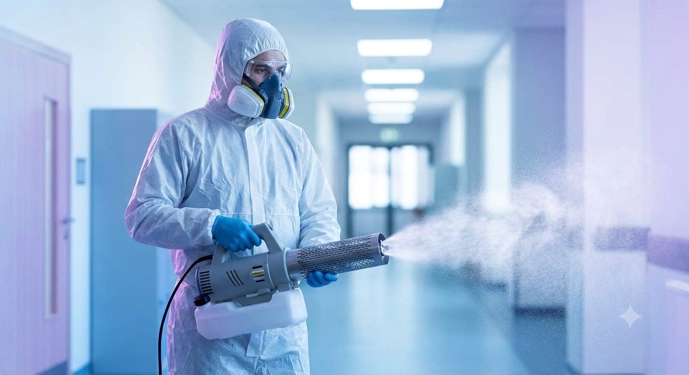 Technician fogging a corridor during a disinfection service